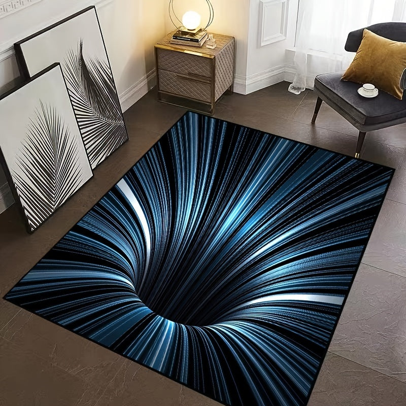 VoidVortex 3D illusion rug featuring a spiraling blue and black vortex pattern on dark floor in modern living room setting