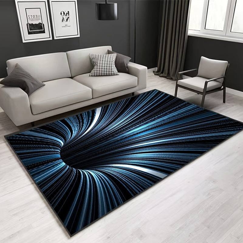 VoidVortex 3D illusion rug featuring mesmerizing blue spiral vortex pattern on black background in modern living room setting