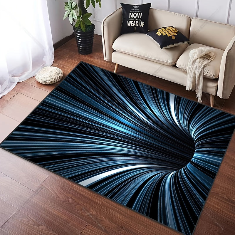 VoidVortex 3D illusion rug featuring spiral black and blue pattern creating optical depth effect in modern living room setting