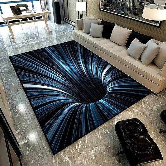 VoidVortex 3D illusion rug in swirling blue and black spiral design displayed on marble floor next to modern beige sofa