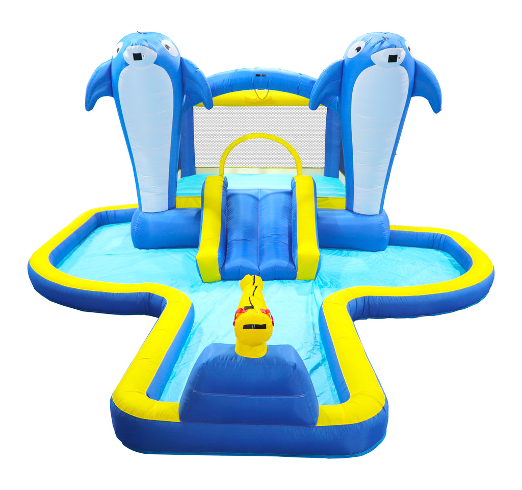 HighPeak SplashZone 8-in-1 Inflatable Water Park in blue and yellow with dolphin sprayers and slide in a backyard setting
