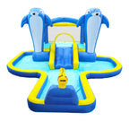 HighPeak SplashZone 8-in-1 Inflatable Water Park in blue and yellow with dolphin sprayers and slide in a backyard setting