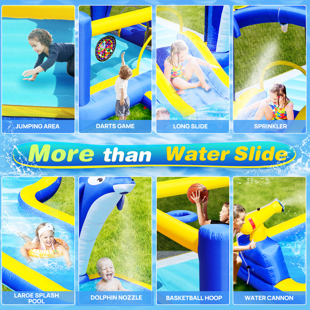 SplashZone 8-in-1 Inflatable Water Park by HighPeak with slide, splash pool, basketball hoop, water cannon, and dolphin nozzles in bright colors
