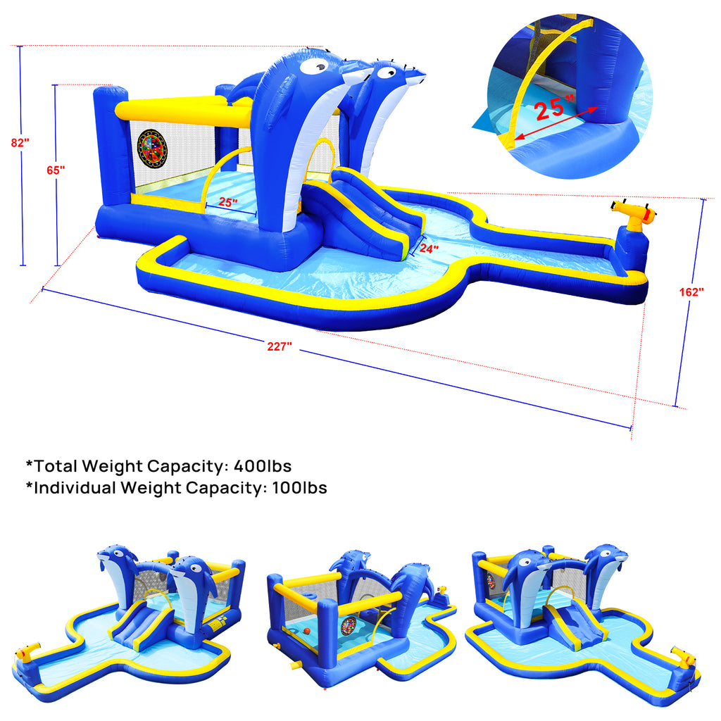 SplashZone 8-in-1 Inflatable Water Park in blue and yellow with slide, pool, cannon, and basketball hoop by HighPeak.