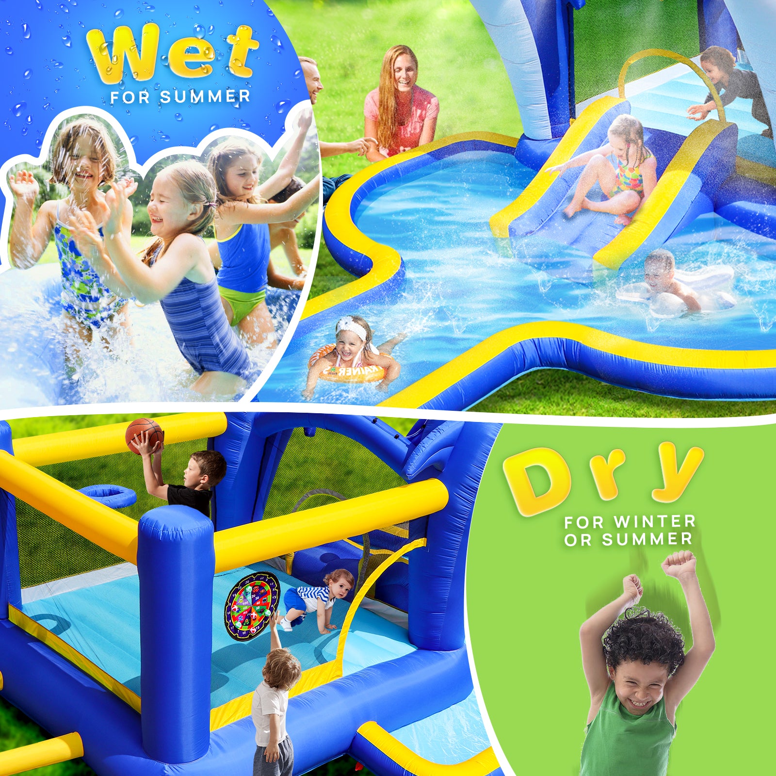 SplashZone 8-in-1 Inflatable Water Park by HighPeak with slide, pool, basketball hoop, and dart wall in backyard setting