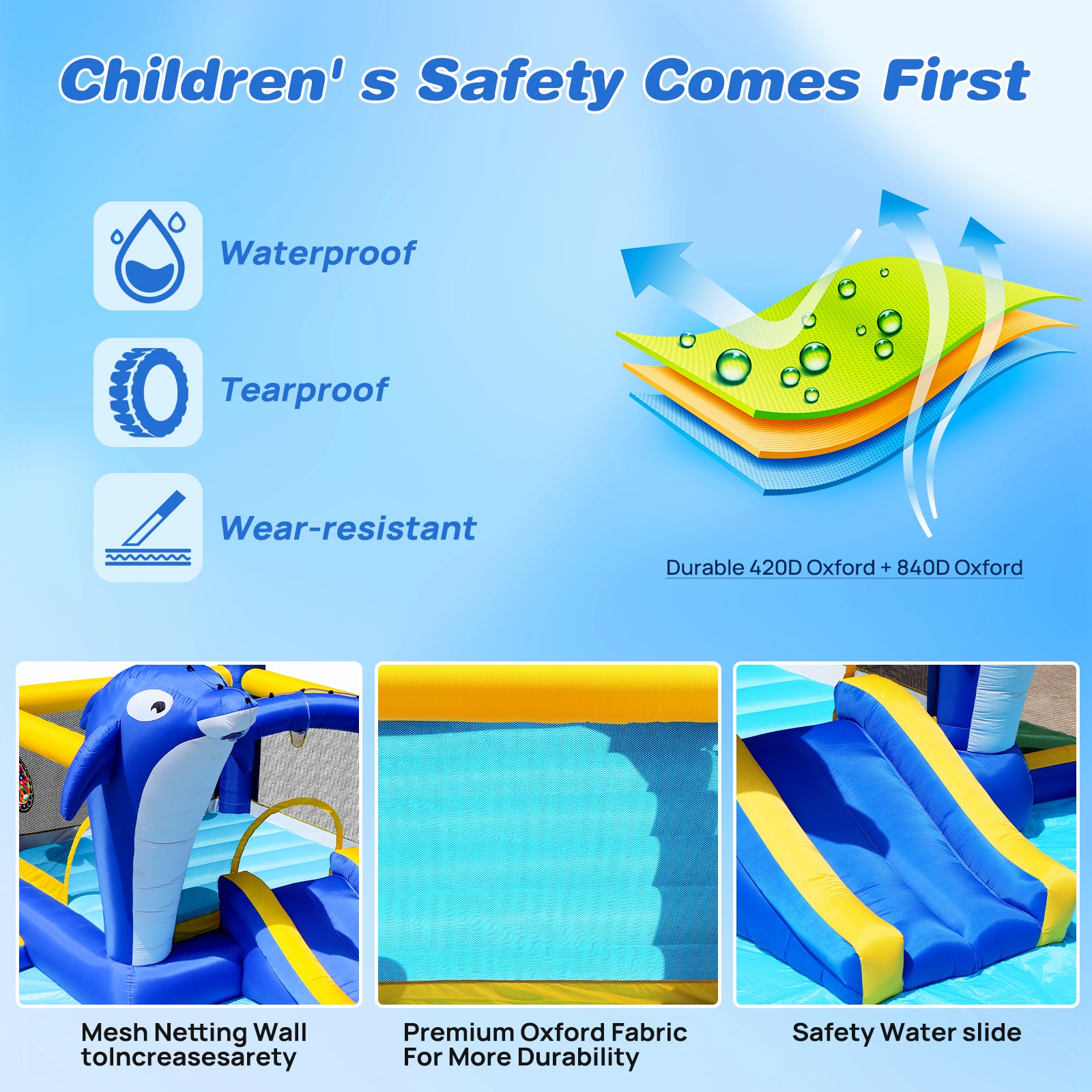 SplashZone 8-in-1 Inflatable Water Park with HighPeak durable waterproof Oxford fabric and safety water slide details.