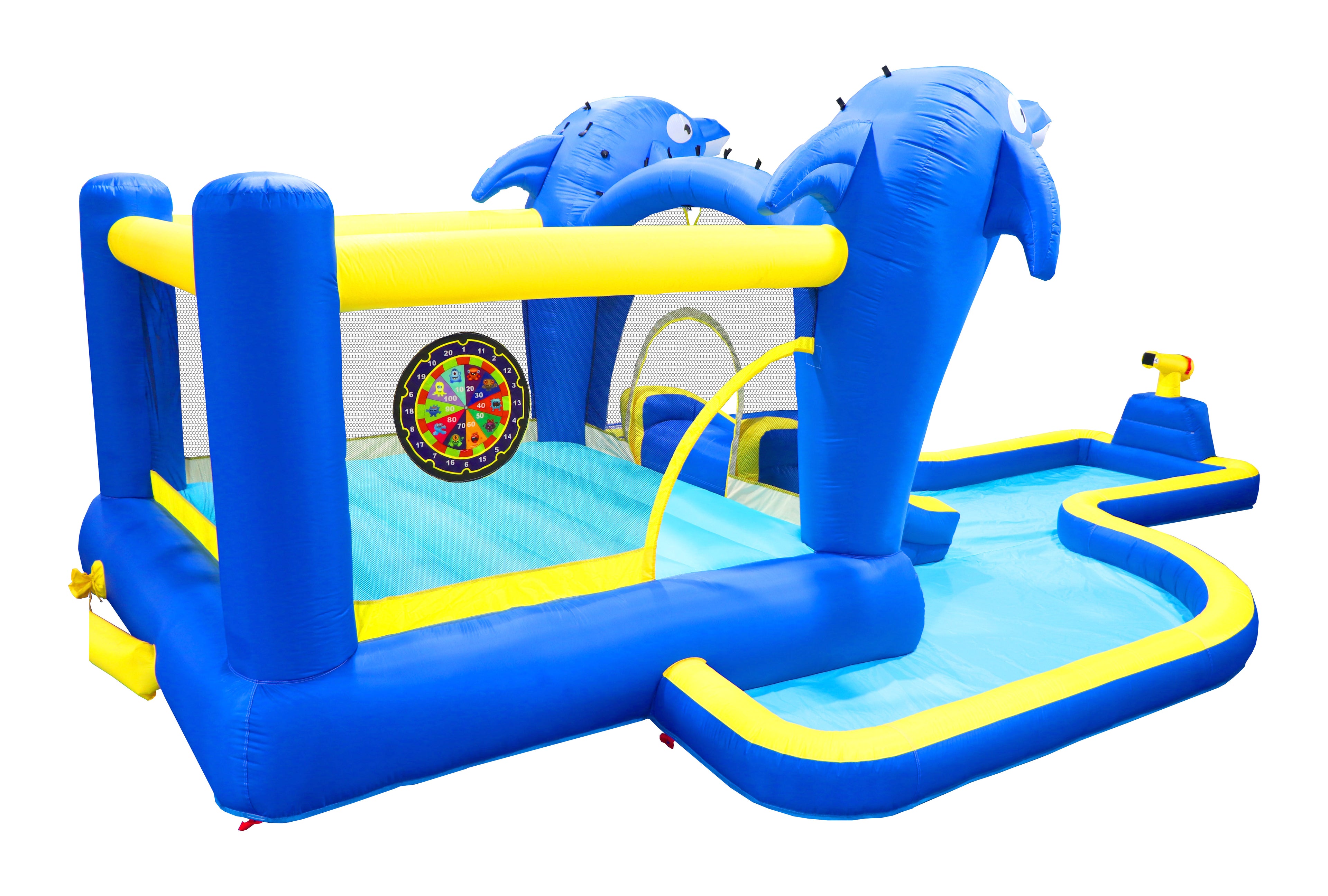 SplashZone 8-in-1 Inflatable Water Park by HighPeak in blue and yellow with bounce house, slide, splash pool, and water cannon.