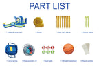 SplashZone 8-in-1 Inflatable Water Park part list with blower, stakes, basketball, balls, hose kit, carrying bag, and repair patches.