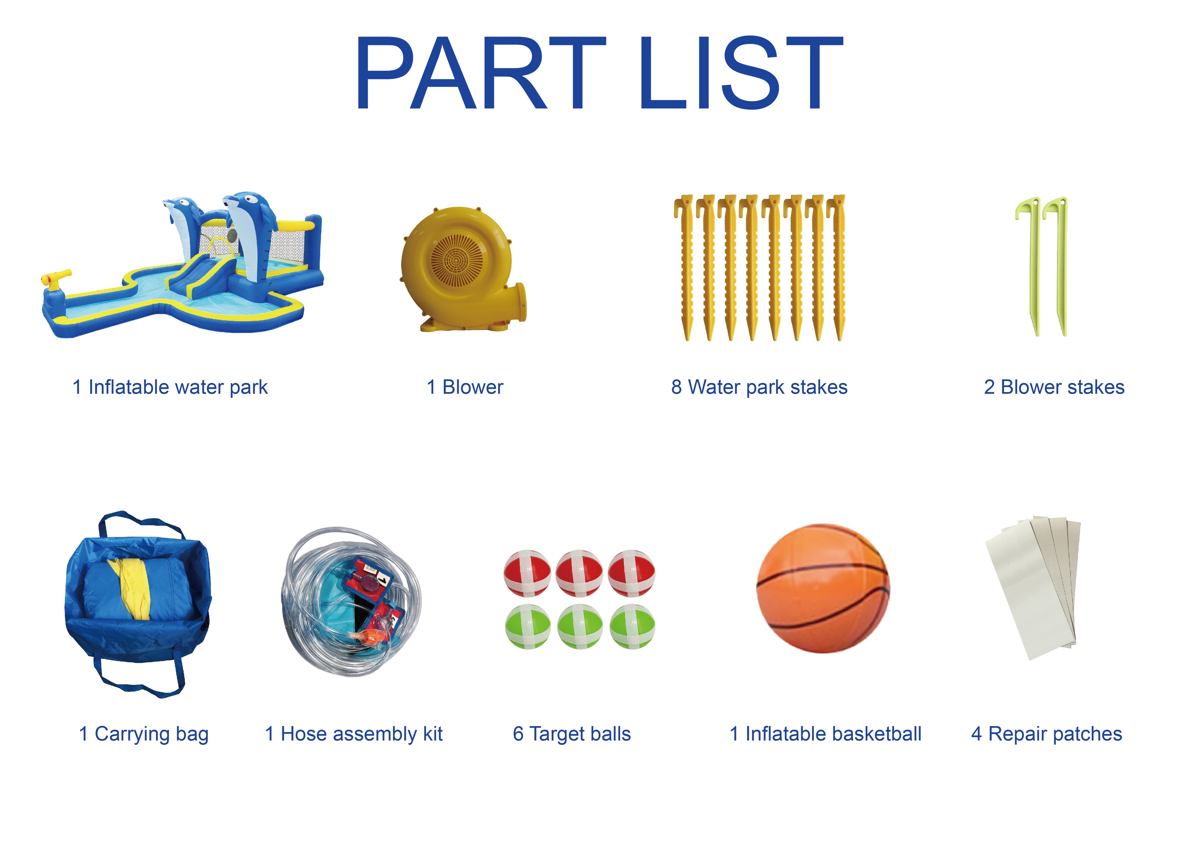 SplashZone 8-in-1 Inflatable Water Park part list with blower, stakes, basketball, balls, hose kit, carrying bag, and repair patches.