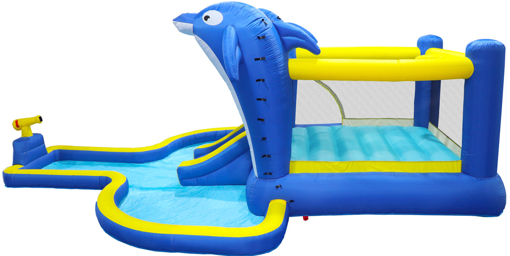 HighPeak SplashZone 8-in-1 Inflatable Water Park in blue and yellow with dolphin slide and splash pool for backyard fun