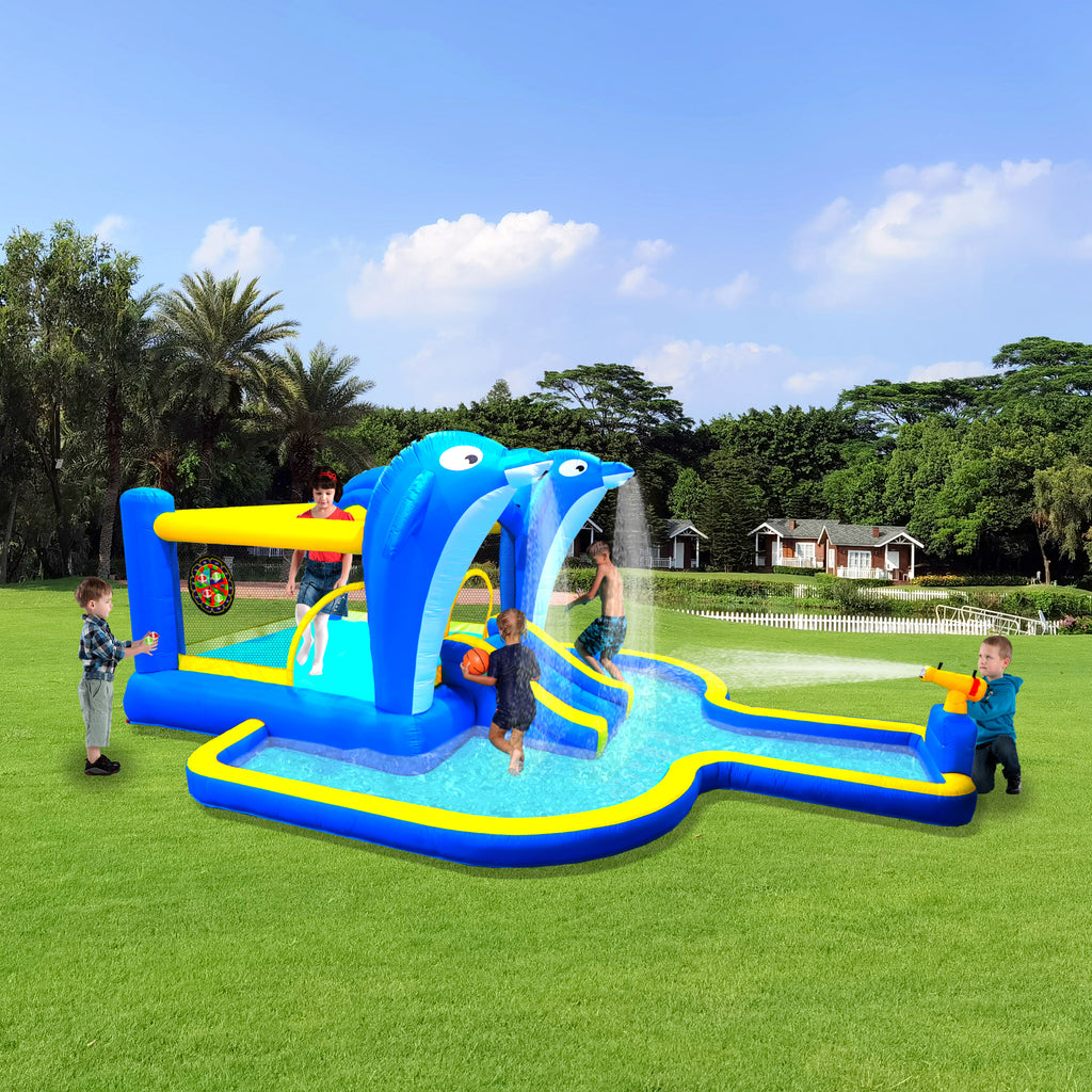 SplashZone 8-in-1 Inflatable Water Park in blue with dolphin sprayers, slide, pool, and kids playing outdoors on grass.