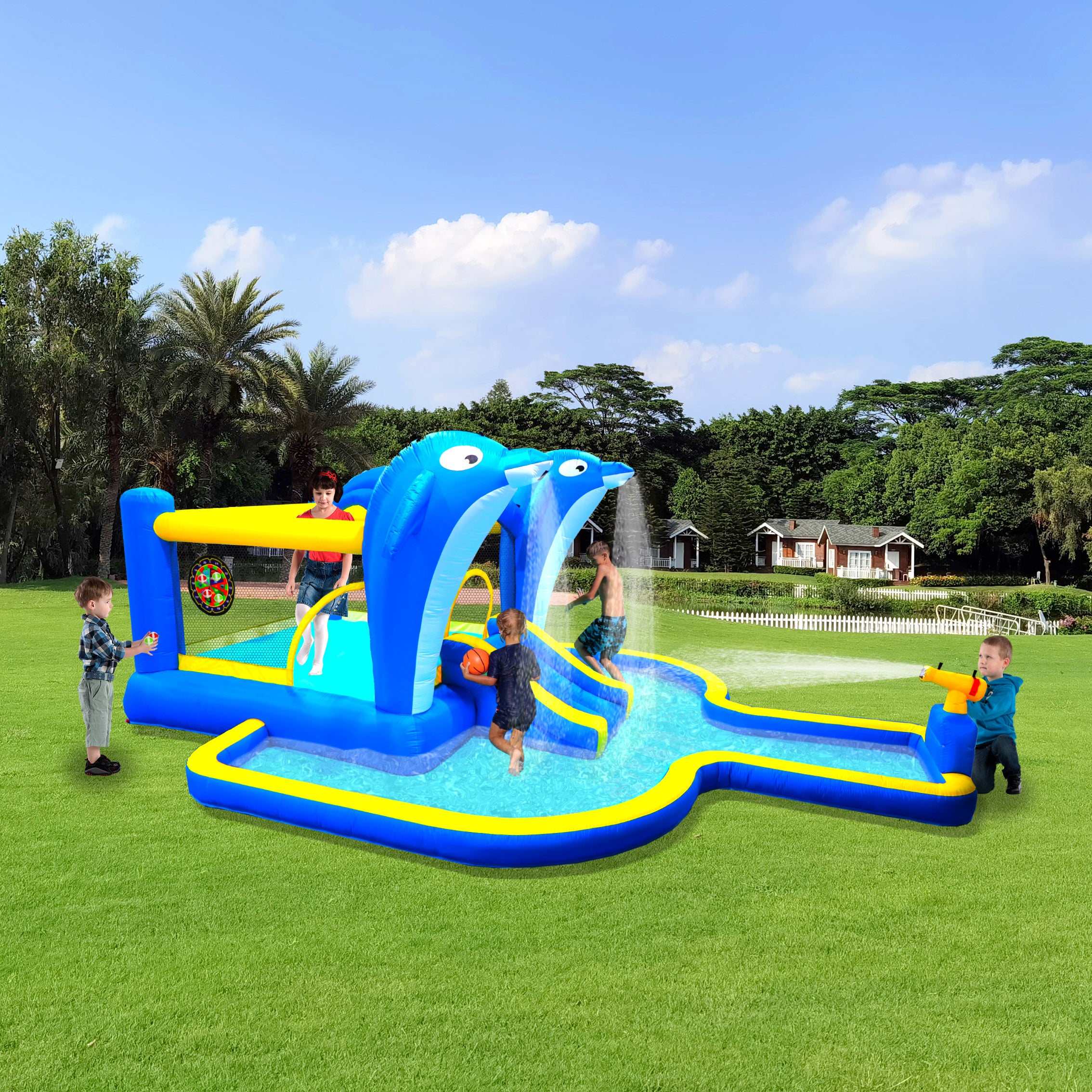 SplashZone 8-in-1 Inflatable Water Park in blue with dolphin sprayers, slide, pool, and kids playing outdoors on grass.