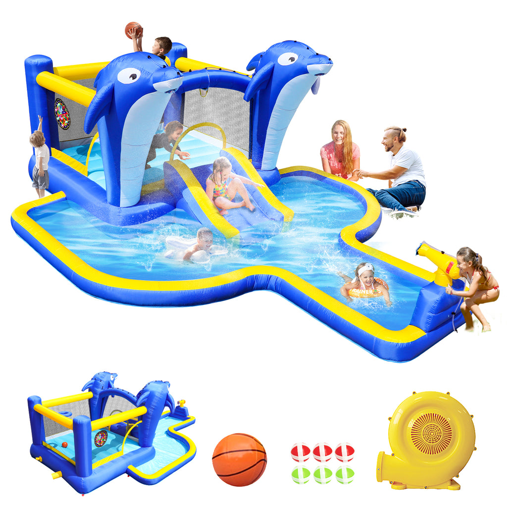 HighPeak SplashZone 8-in-1 Inflatable Water Park in blue and yellow with slide, splash pool, basketball hoop, and cannon in use outdoors