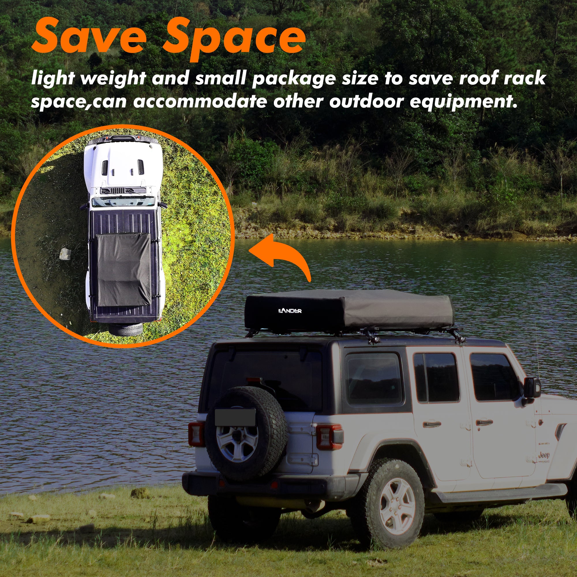 HighPeak Car Roof Tent in closed position on a white SUV by a lake showing compact, space-saving design