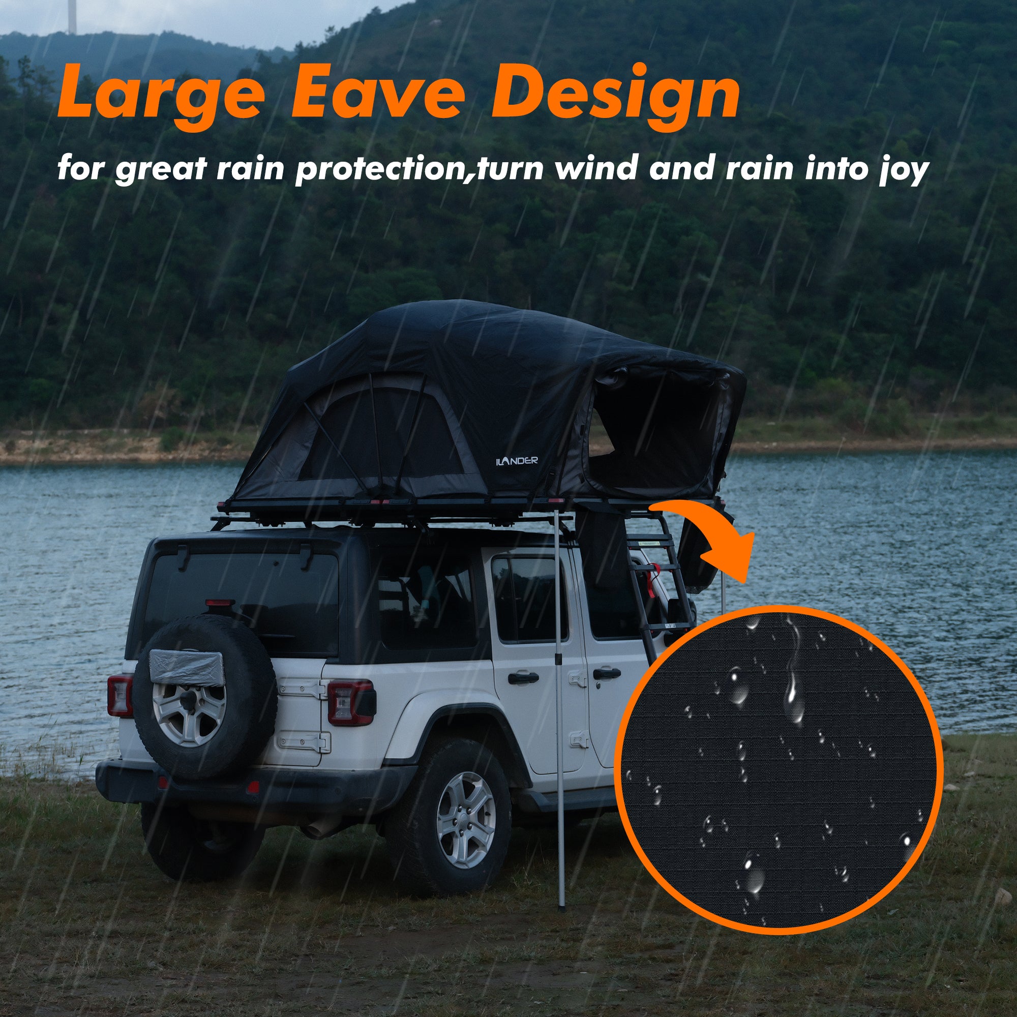 HighPeak Car Roof Tent in black on white SUV under rain demonstrating large eave rain protection design outdoors