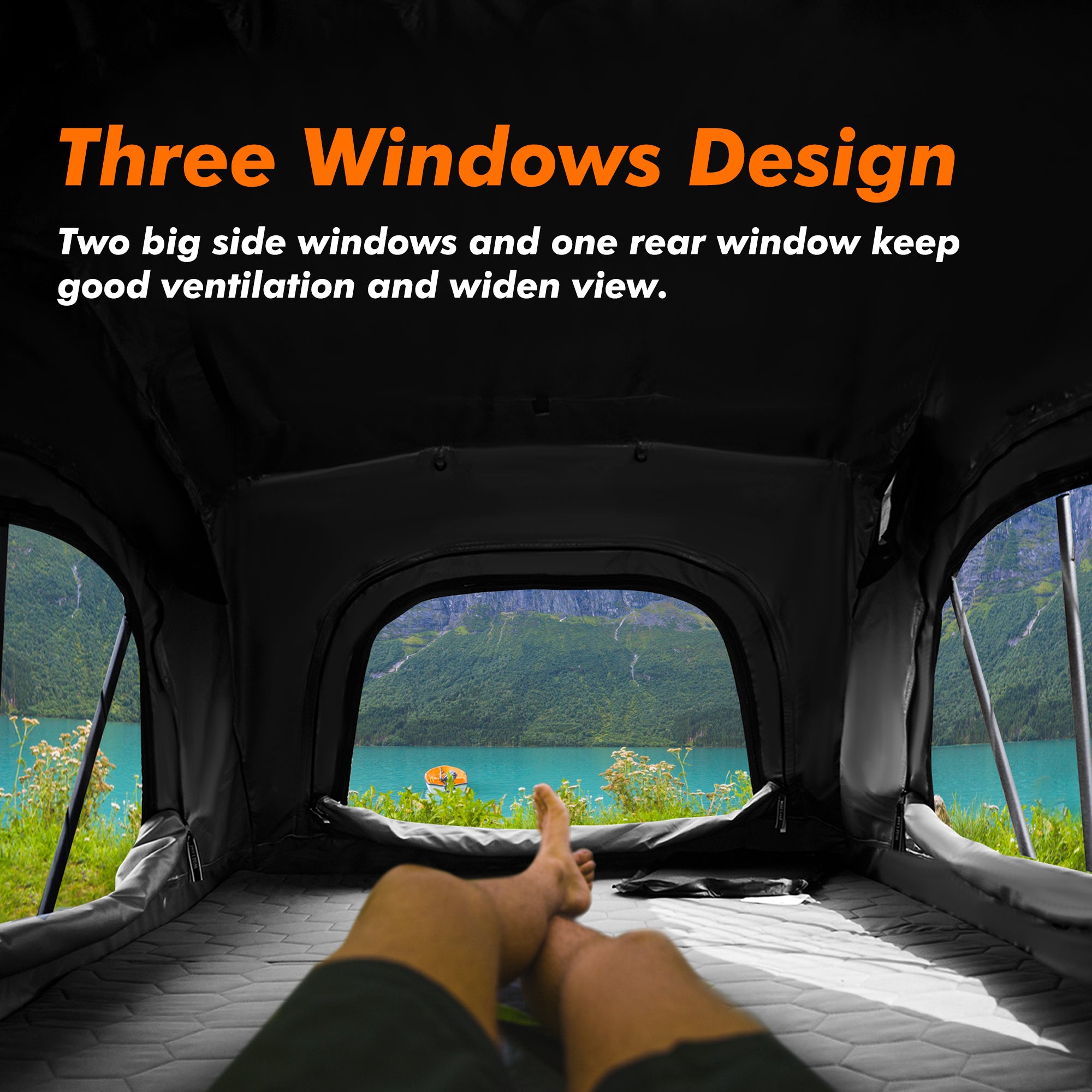 HighPeak Car Roof Tent interior showing three mesh windows with scenic lake and mountains view, designed for ventilation and comfort.