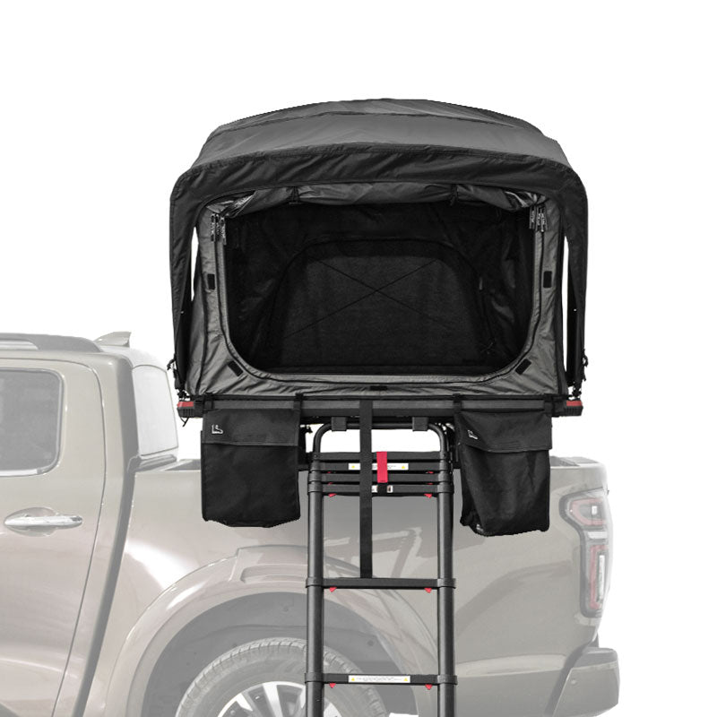 HighPeak Car Roof Tent in black mounted on silver truck with telescoping ladder and mesh windows open for airflow