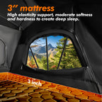 HighPeak Car Roof Tent interior showing 3-inch mattress with mesh window and scenic mountain forest view outdoors