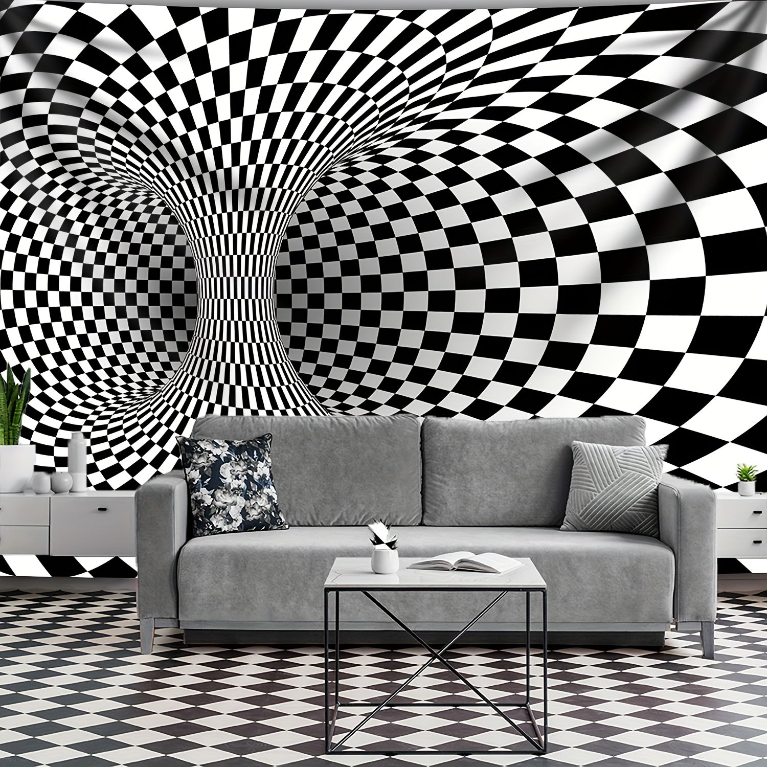 WarpReality 3D Optical Illusion Tapestry featuring black and white checkered vortex pattern creating dramatic depth effect in modern room