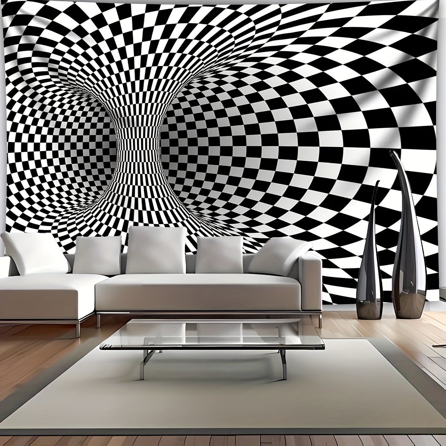 WarpReality 3D Optical Illusion Tapestry featuring black and white checkered vortex pattern creating dramatic depth illusion in modern living space