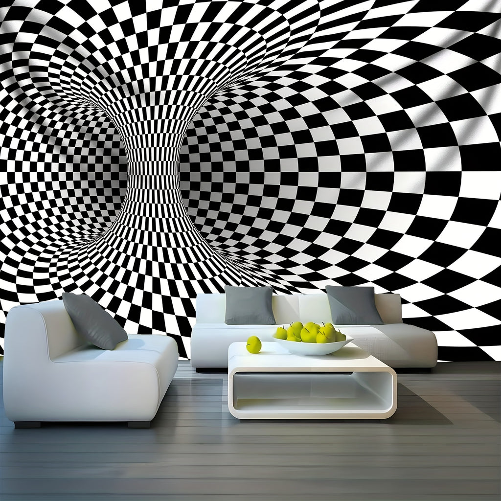 WarpReality 3D Optical Illusion Tapestry featuring black and white checkered vortex pattern creating stunning depth effect