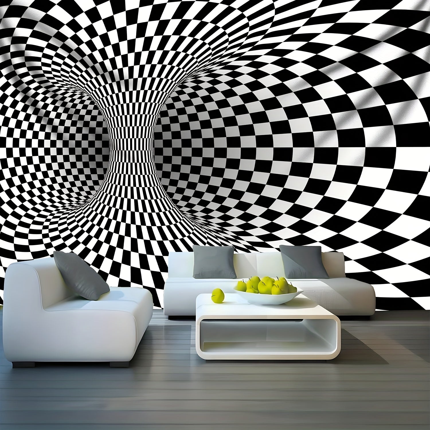WarpReality 3D Optical Illusion Tapestry featuring black and white checkered vortex pattern creating stunning depth effect