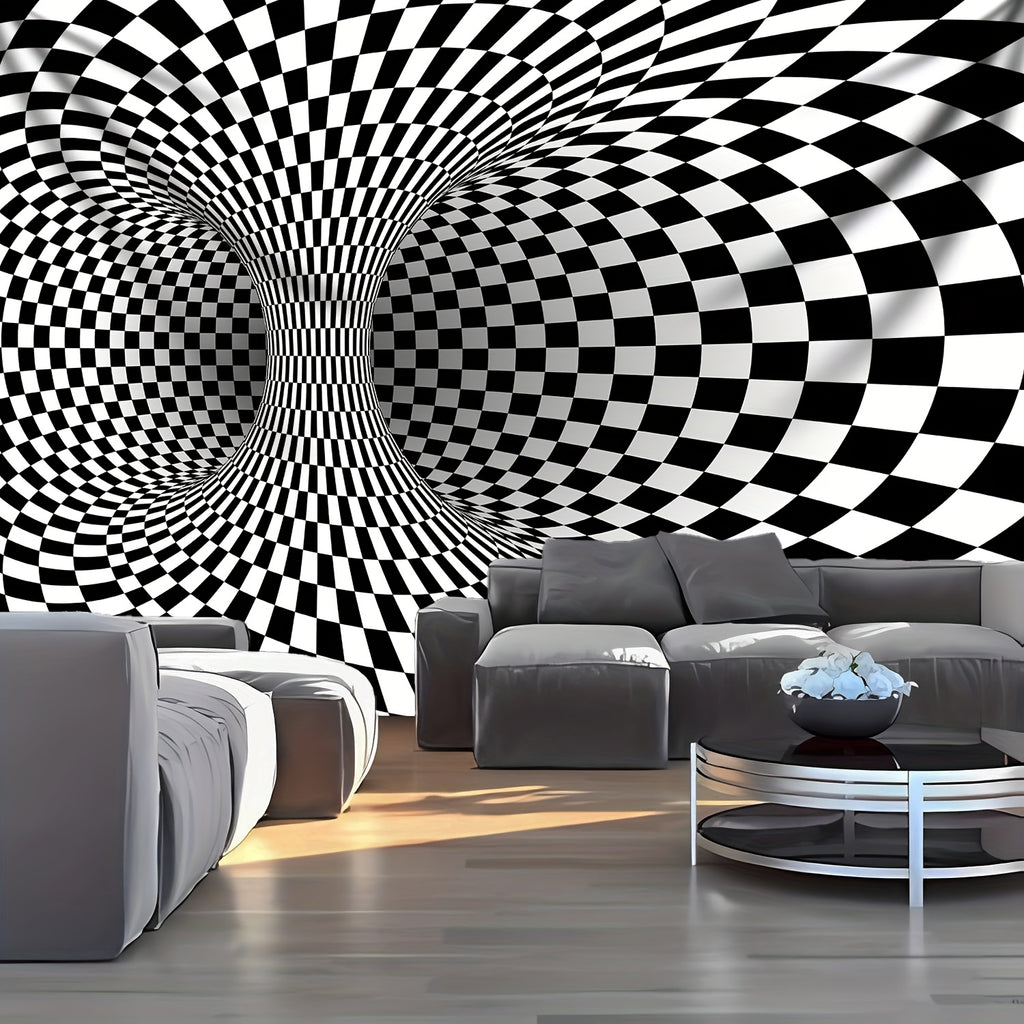 WarpReality 3D Optical Illusion Tapestry featuring black and white checkered vortex pattern displayed in modern living room setting