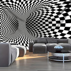 WarpReality 3D Optical Illusion Tapestry featuring black and white checkered vortex pattern displayed in modern living room setting