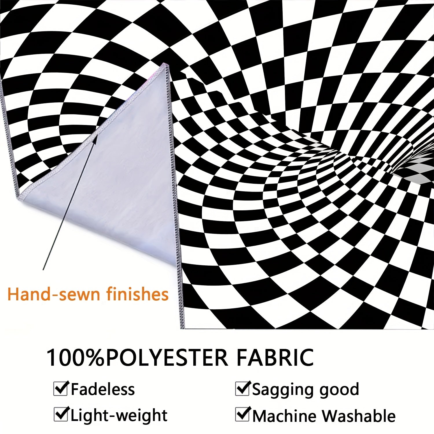 WarpReality 3D Optical Illusion Tapestry featuring black and white checkered vortex pattern with hand-sewn edges on polyester fabric