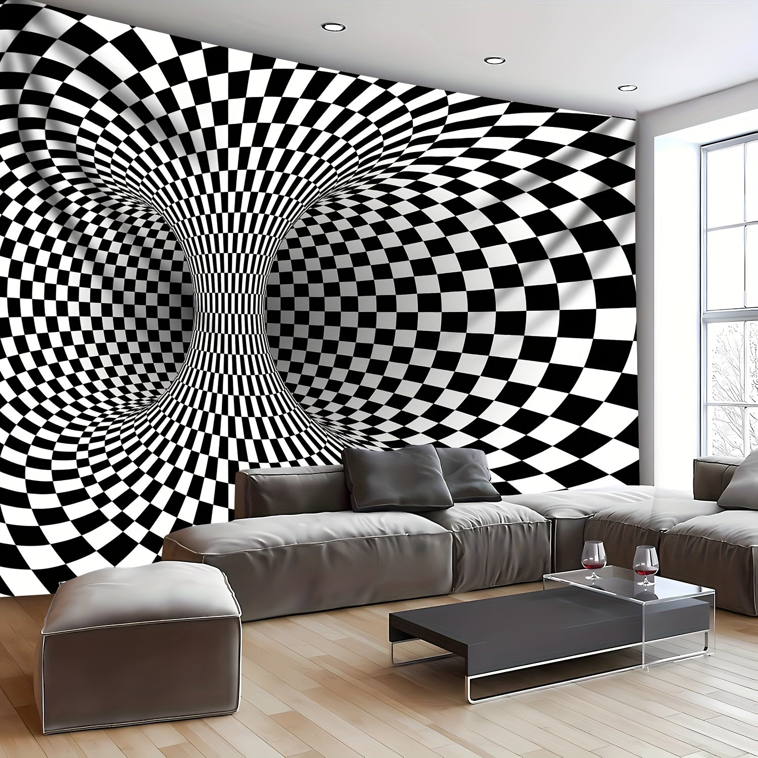 WarpReality 3D optical illusion tapestry with black and white checkered vortex pattern creating mesmerizing tunnel effect