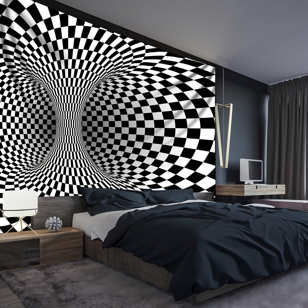 WarpReality 3D optical illusion tapestry with black and white checkered vortex pattern displayed in modern bedroom setting