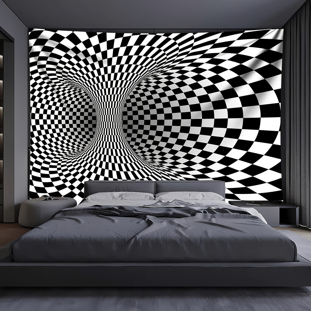 WarpReality 3D optical illusion tapestry with black and white checkered vortex pattern mounted above modern bedroom headboard