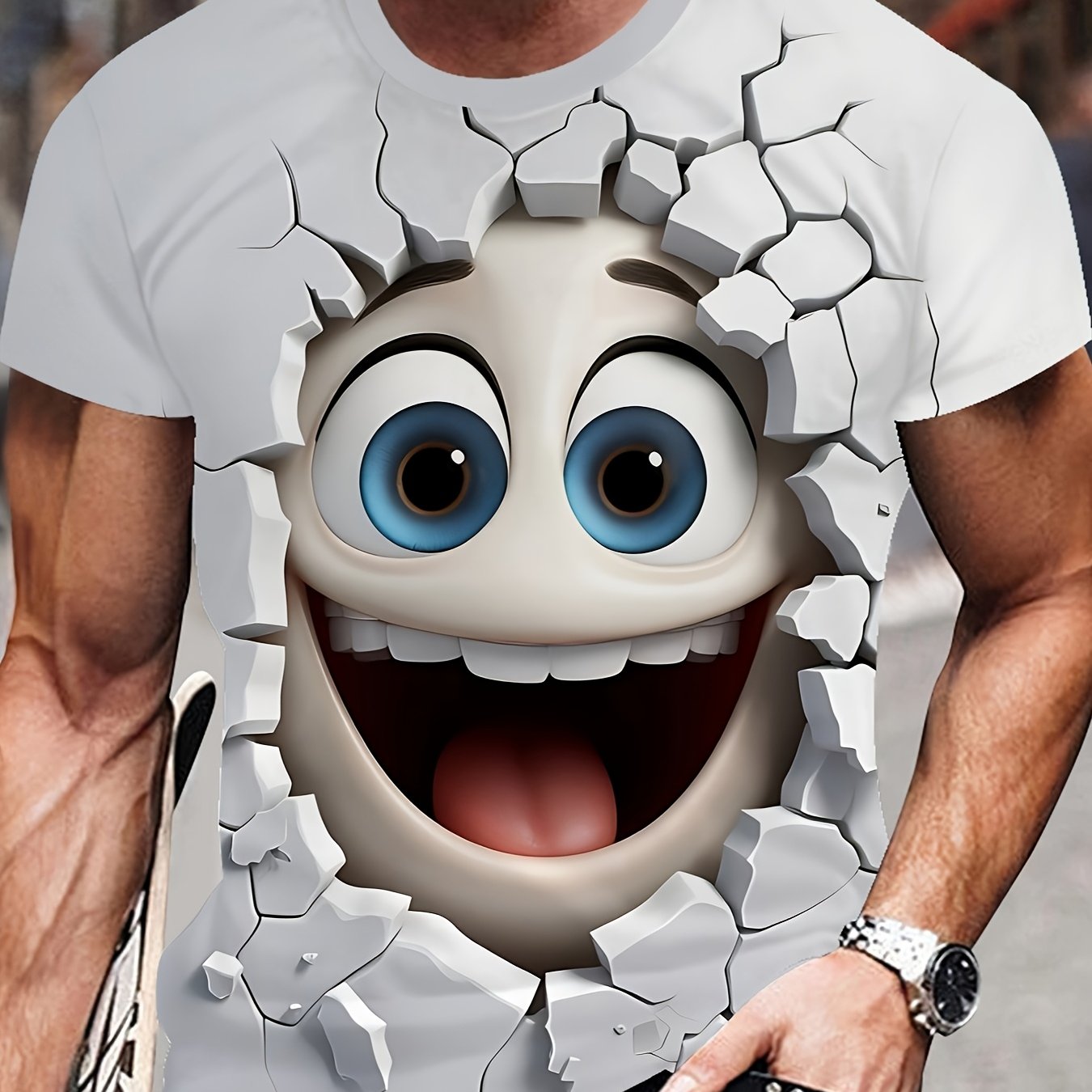 White 3D Crack Face T-shirt featuring cartoon character breaking through cracked wall design with blue eyes and happy expression