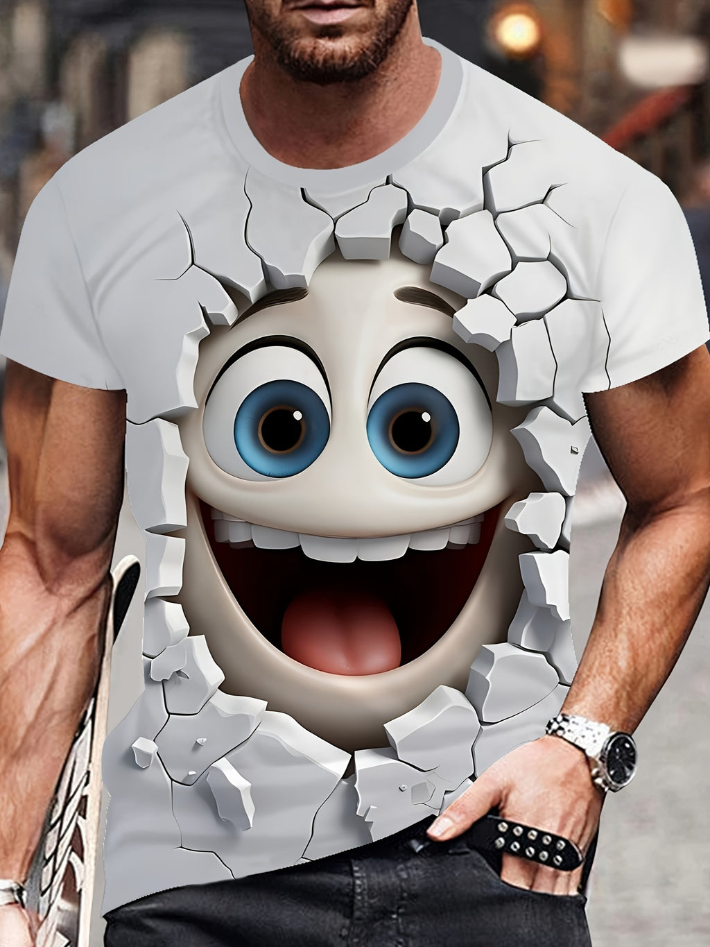White 3D Crack Face T-shirt featuring playful cartoon face breaking through cracked wall illusion, with blue eyes and wide smile