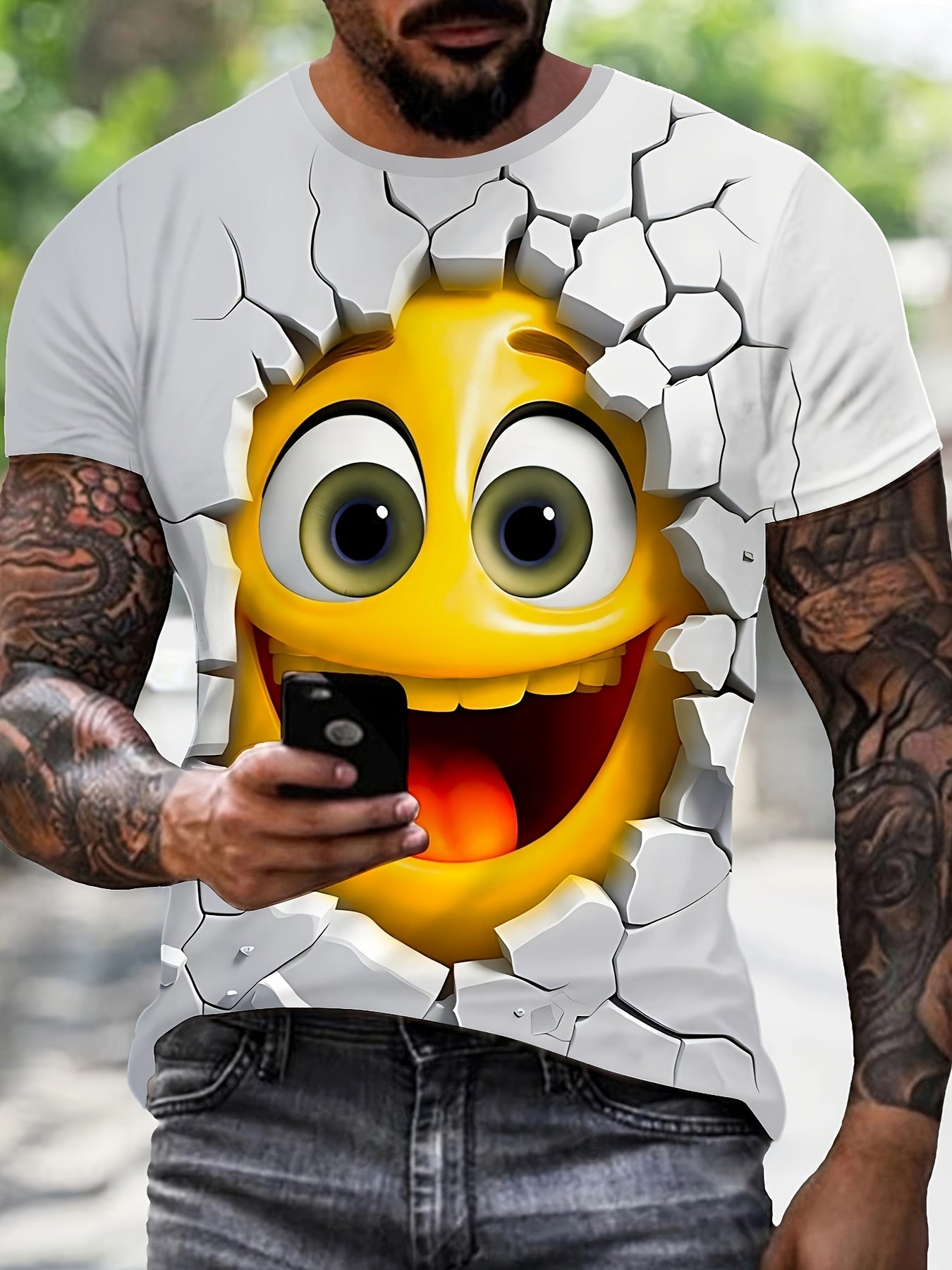 White 3D Crack Face T-shirt featuring yellow emoji character bursting through cracked wall illusion design, realistic novelty print