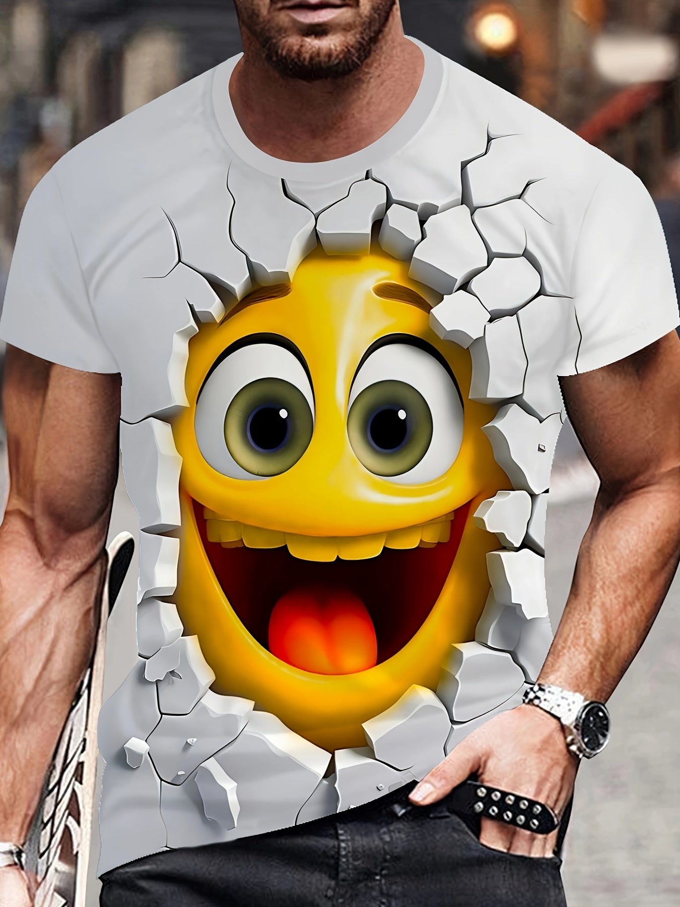 White 3D Crack Face T-shirt featuring yellow smiley emoji bursting through cracked wall illusion design - novelty streetwear