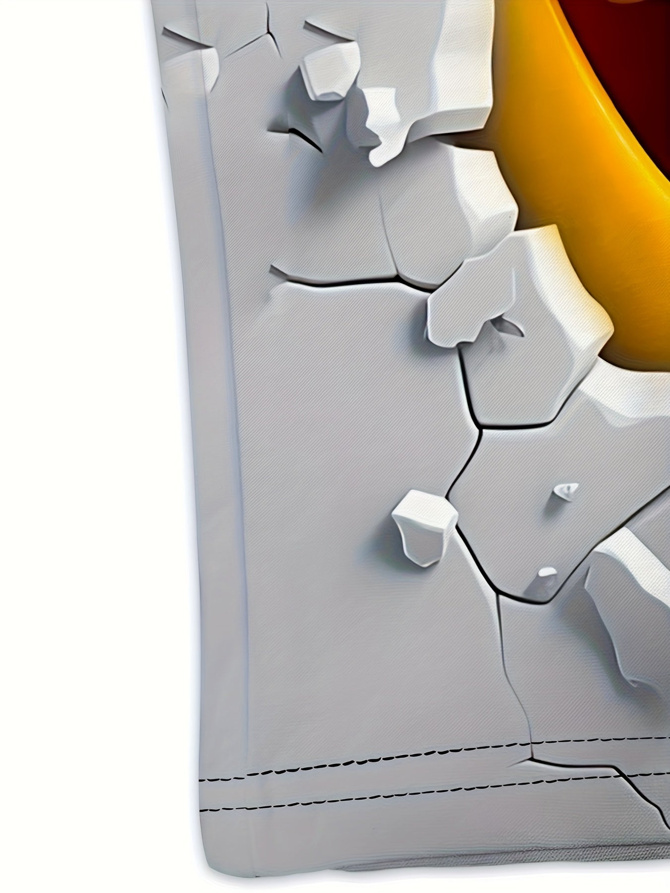 White t-shirt with 3D cracked wall illusion design showing through, dramatic shadows and depth effect on textured surface