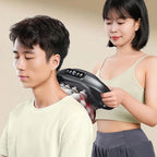 HighPeak DeepRelief™ multi-head body massager in black used on man's neck for deep tissue muscle relief