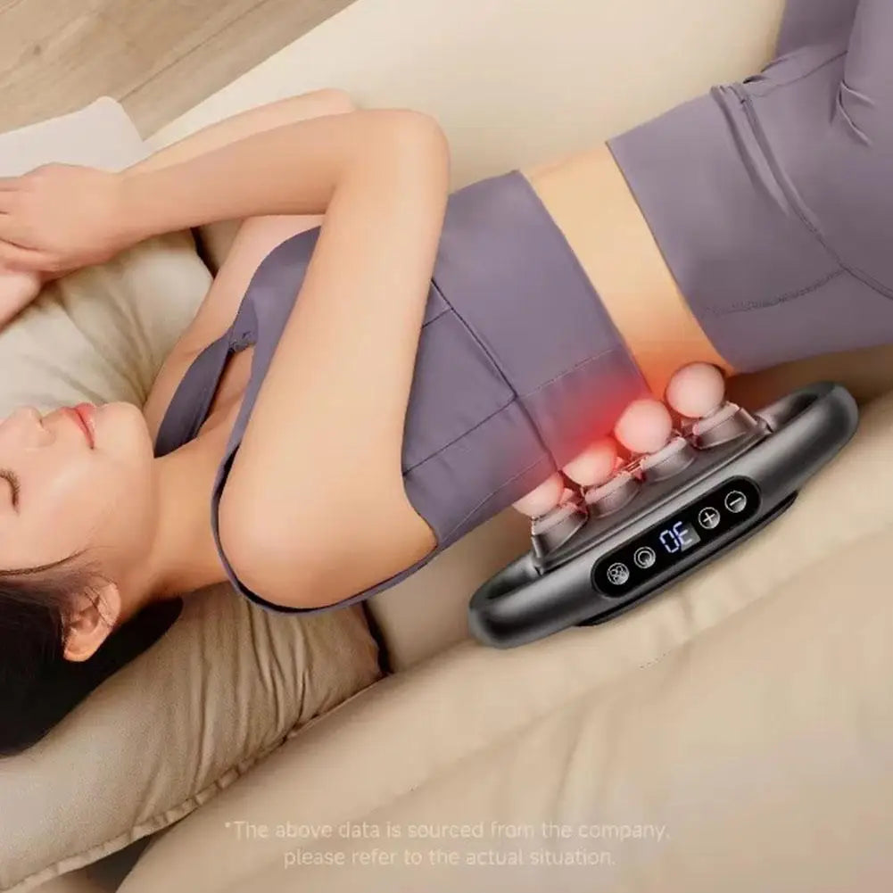 HighPeak DeepRelief™ multi-head body massager in black with glowing massage nodes on a woman’s back for muscle relief