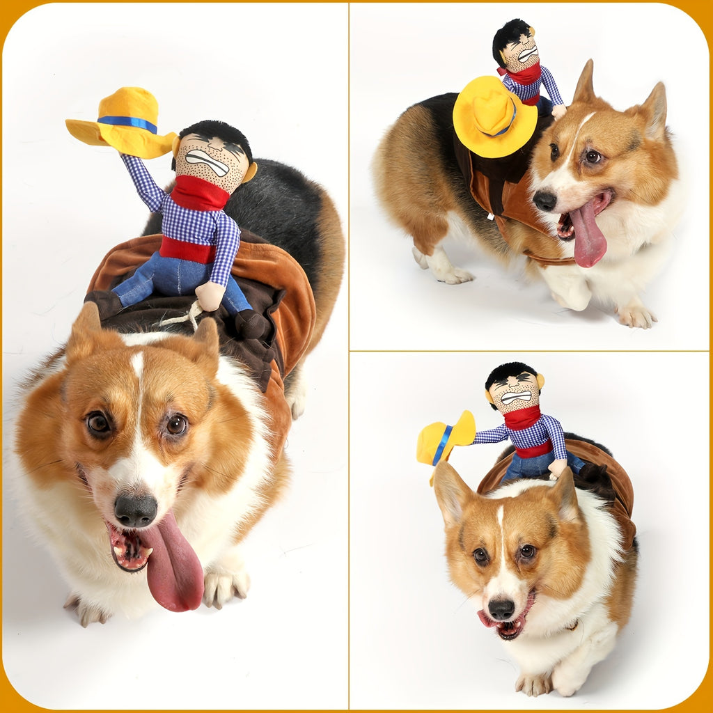 YeehawPup Cowboy Rider Costume shown on happy Corgi dog wearing plush cowboy doll and yellow hat against white background