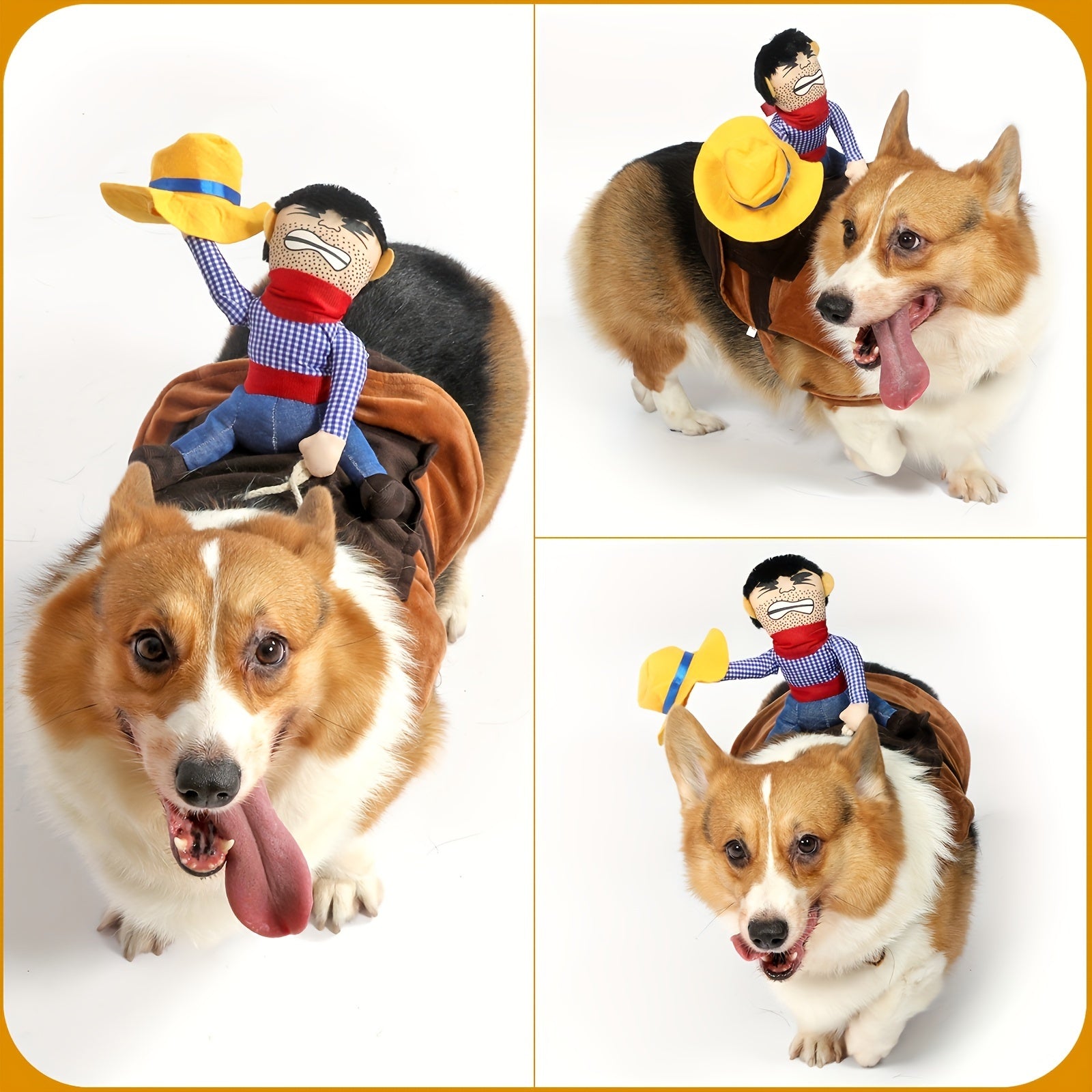 YeehawPup Cowboy Rider Costume shown on happy Corgi dog wearing plush cowboy doll and yellow hat against white background