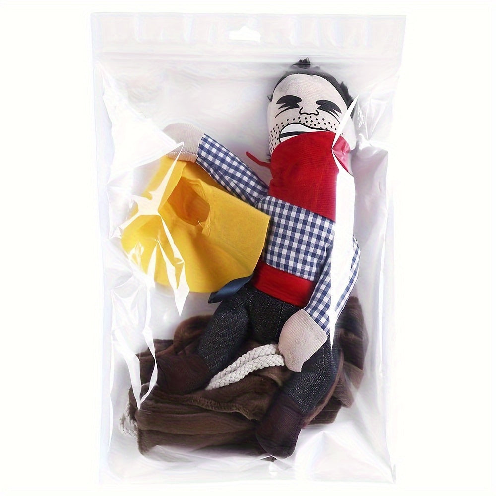 YeehawPup Cowboy Rider costume in clear packaging featuring plush cowboy doll with red shirt, yellow vest, and brown boots