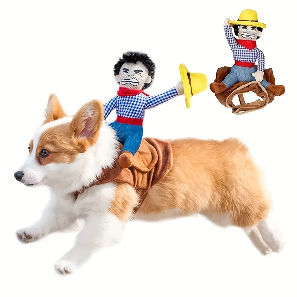 YeehawPup Cowboy Rider costume on Corgi dog - plush cowboy doll in checkered shirt and yellow hat riding brown saddle