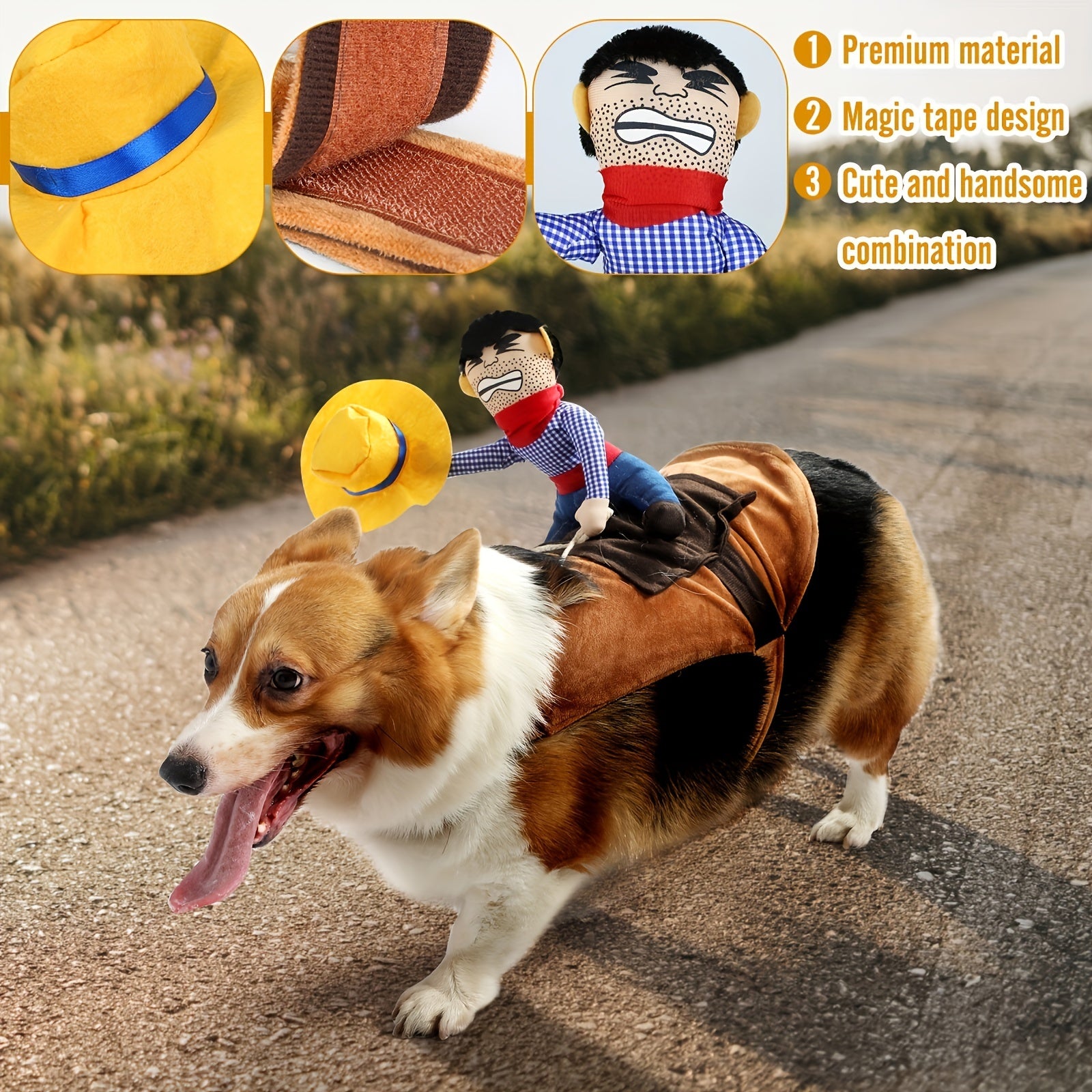 YeehawPup Cowboy Rider costume on Corgi dog featuring plush cowboy rider, yellow hat, and brown saddle outdoors on concrete path