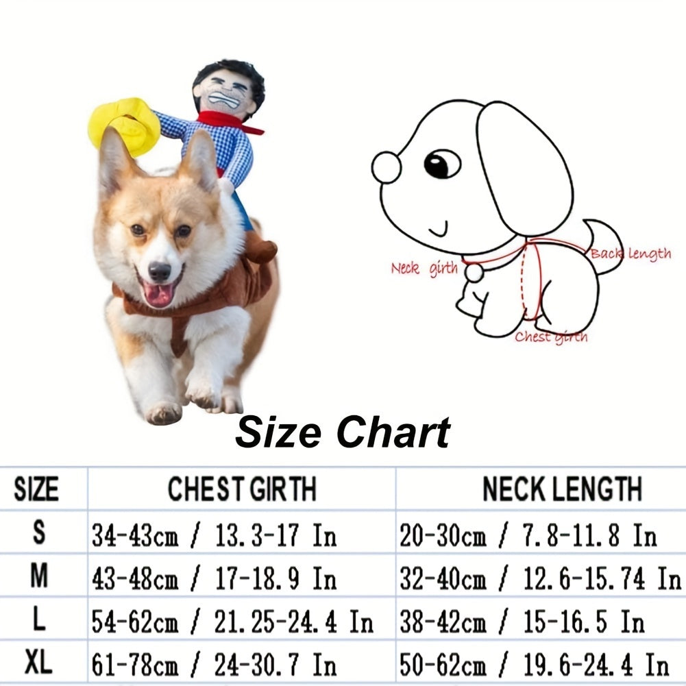 YeehawPup Cowboy Rider costume on Corgi wearing brown vest with plush cowboy rider - size chart display showing measurements