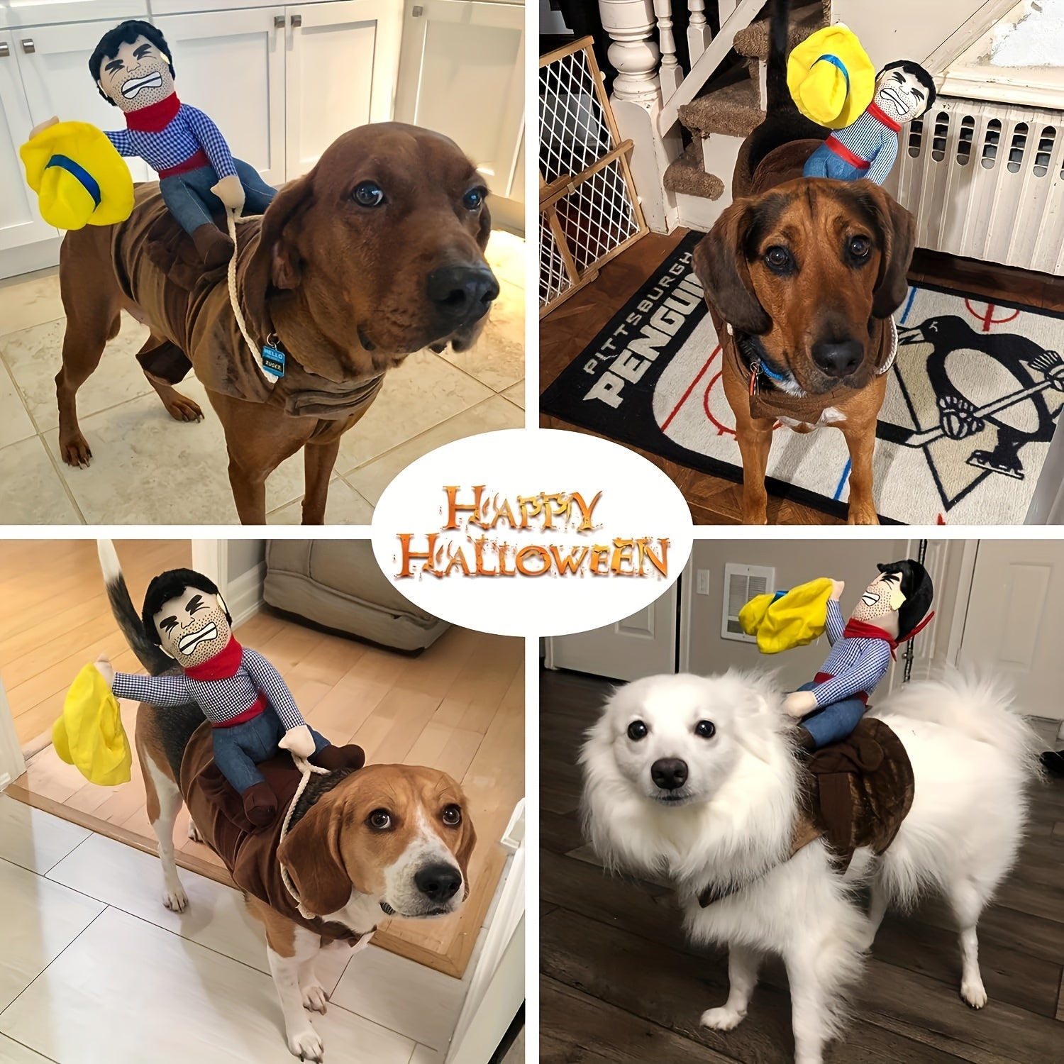 YeehawPup Cowboy Rider costume shown on various dogs including brown hound and white fluffy dog, displaying adjustable design and plush rider