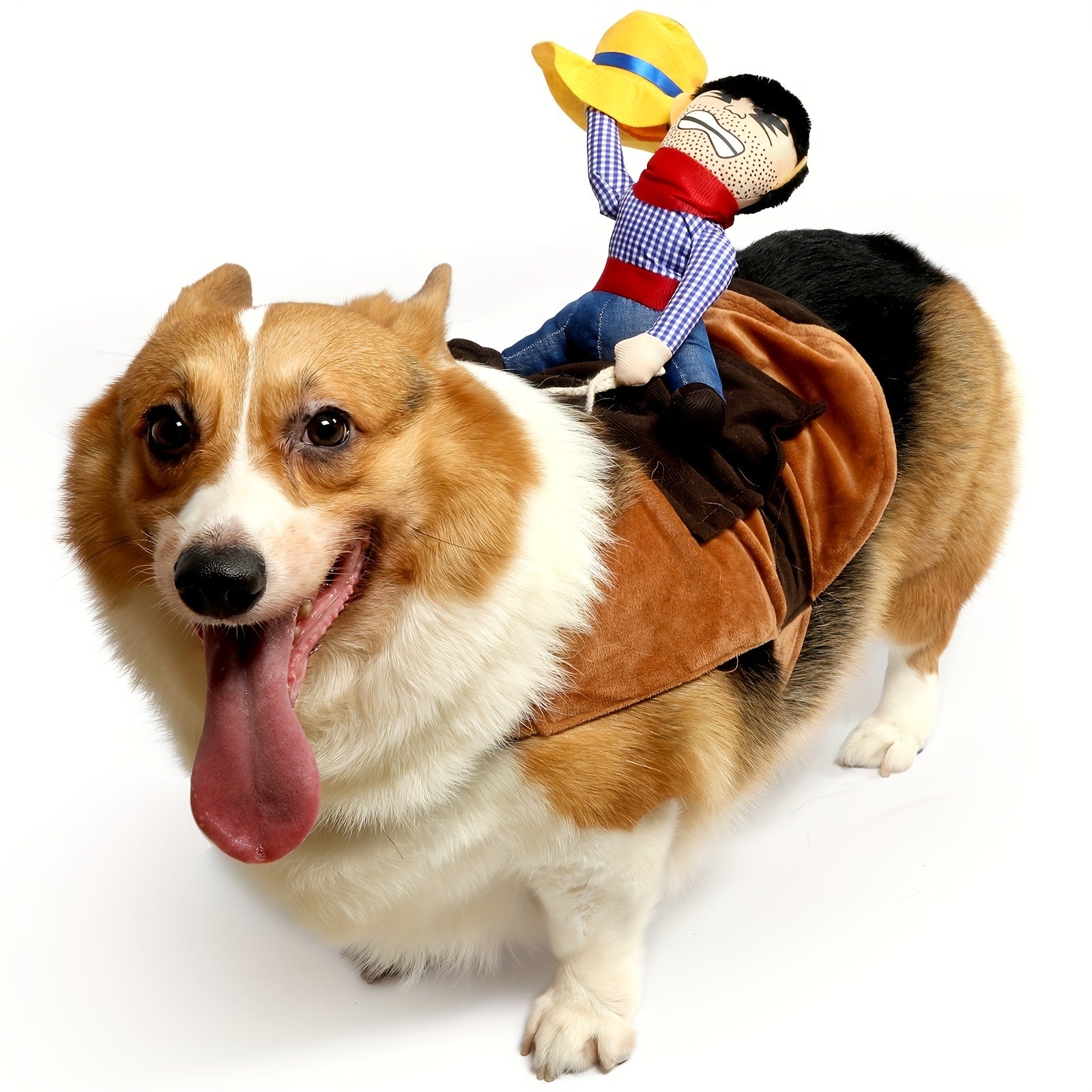 YeehawPup cowboy rider costume on happy Corgi wearing brown vest with plush cowboy rider - pet costume showcase