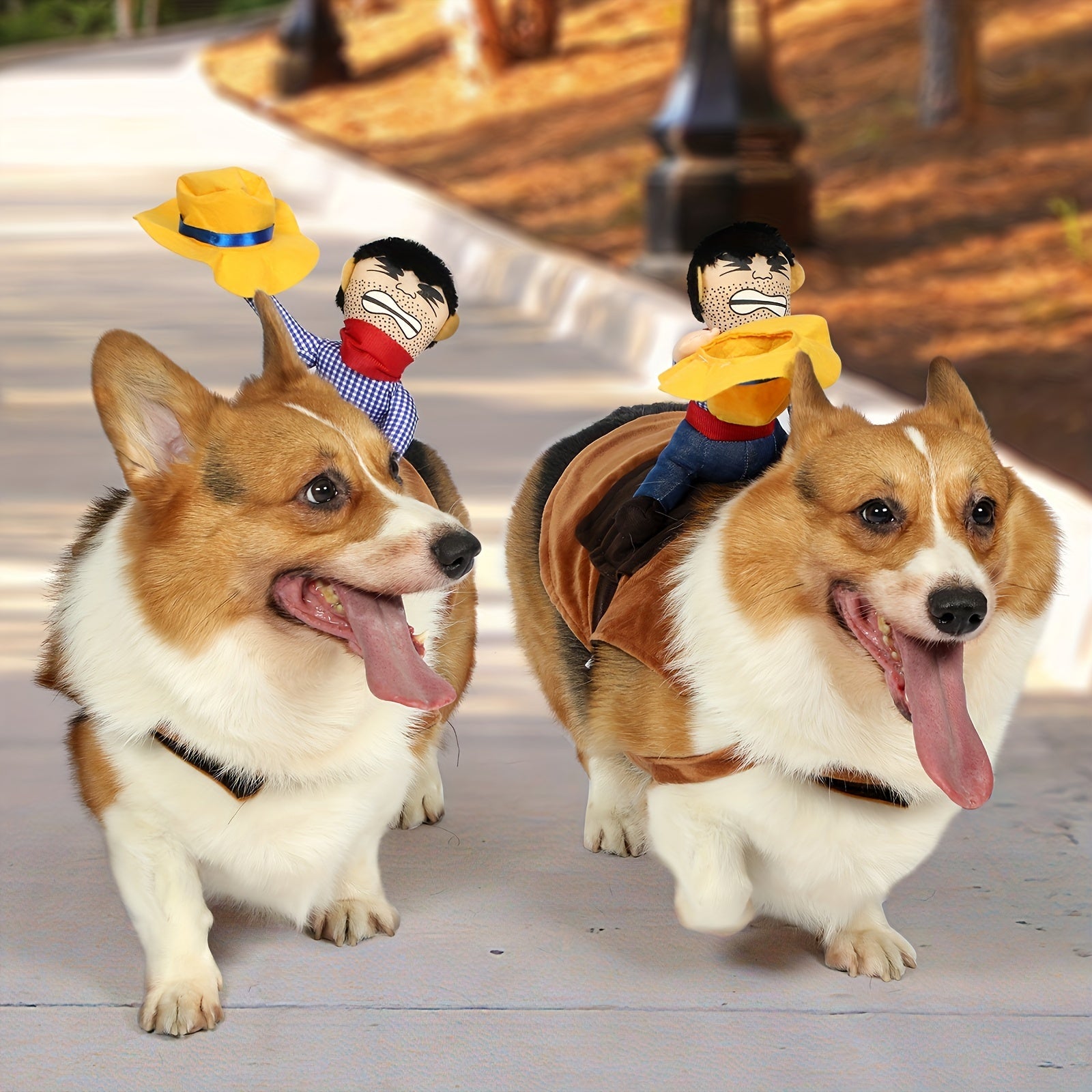 YeehawPup cowboy rider costume shown on two happy Corgis wearing plush cowboy riders with yellow hats outdoors on patio