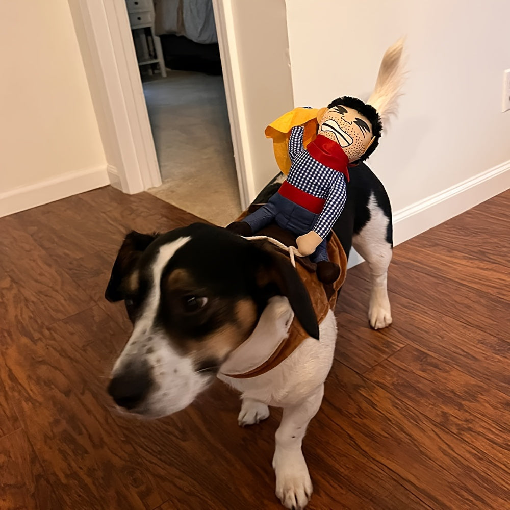 YeehawPup dog costume featuring plush cowboy rider on tricolor Jack Russell terrier standing on hardwood floor indoors