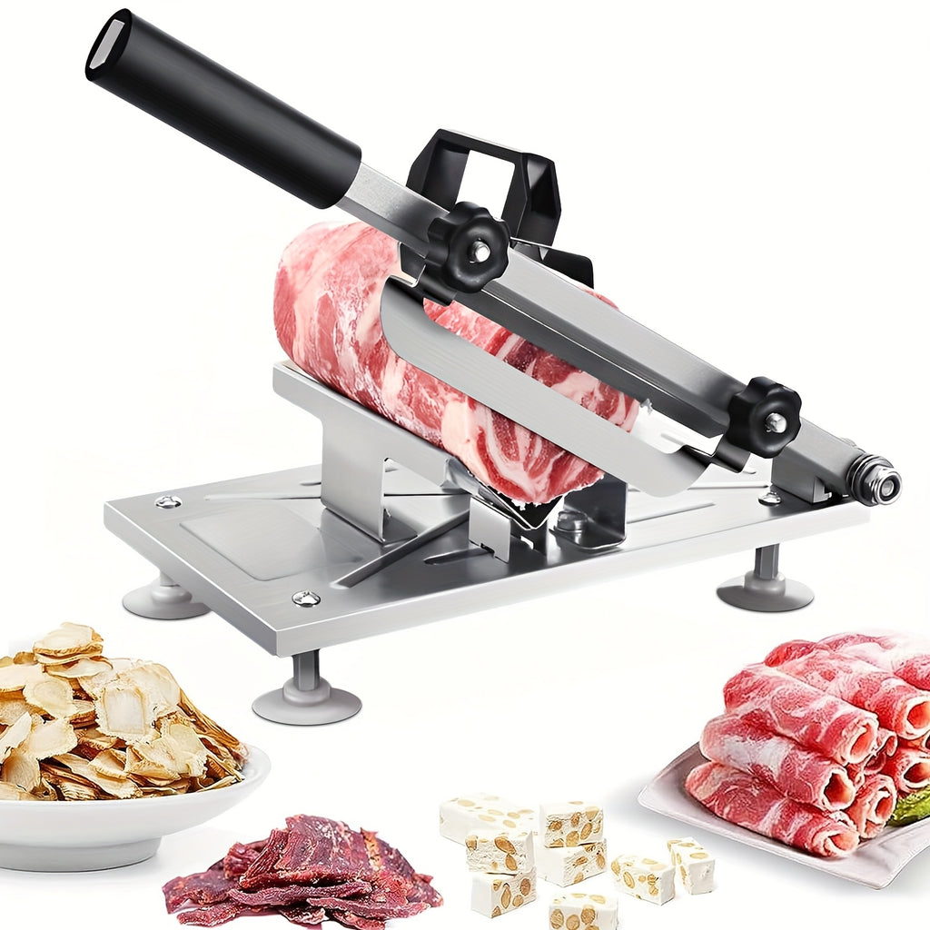 HighPeak Manual Meat Slicer with all-steel construction slicing frozen meat, shown with sliced meat and snacks on white background